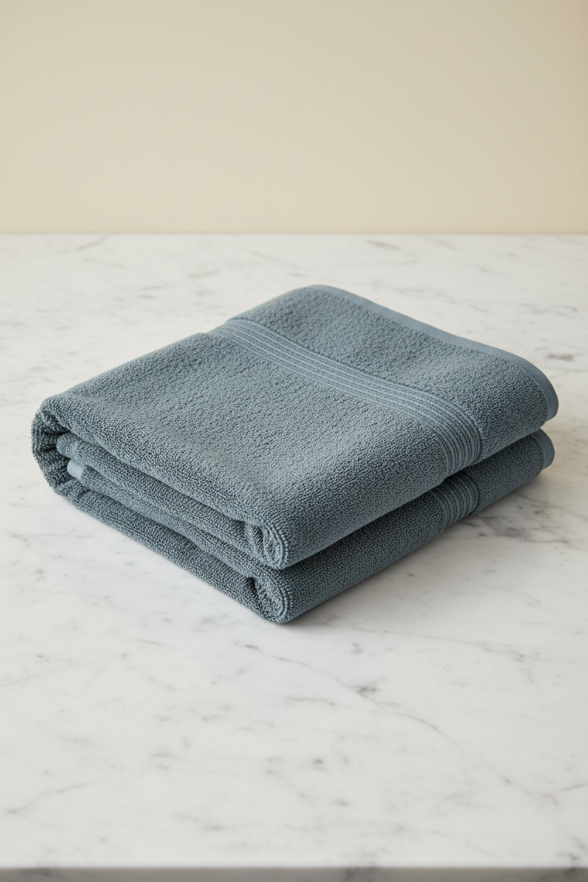 M&D Decor Heavy Grey Bath Towel folded flat on marble surface