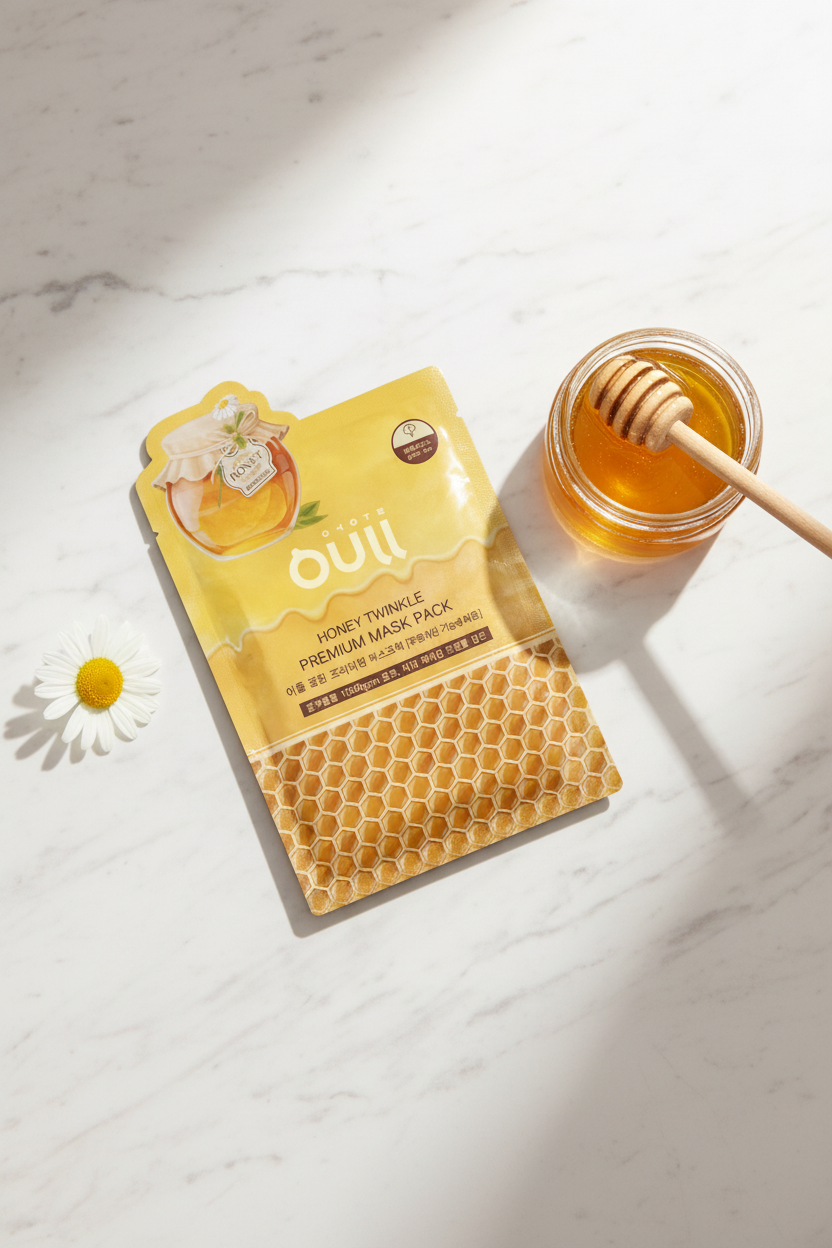 OUll Honey Twinkle mask pack on marble with honey jar and dipper premium skincare