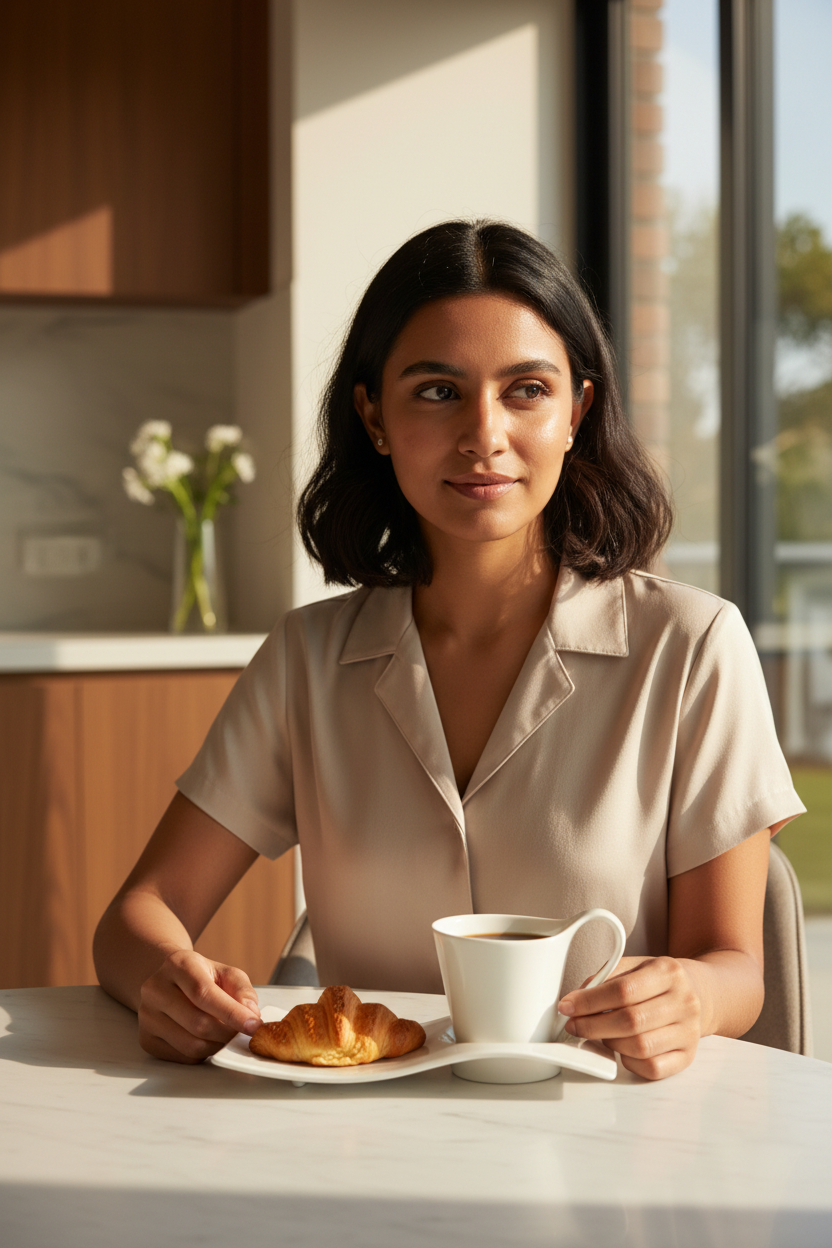 Luzerne 240ml coffee cup with integrated croissant tray on a marble breakfast table