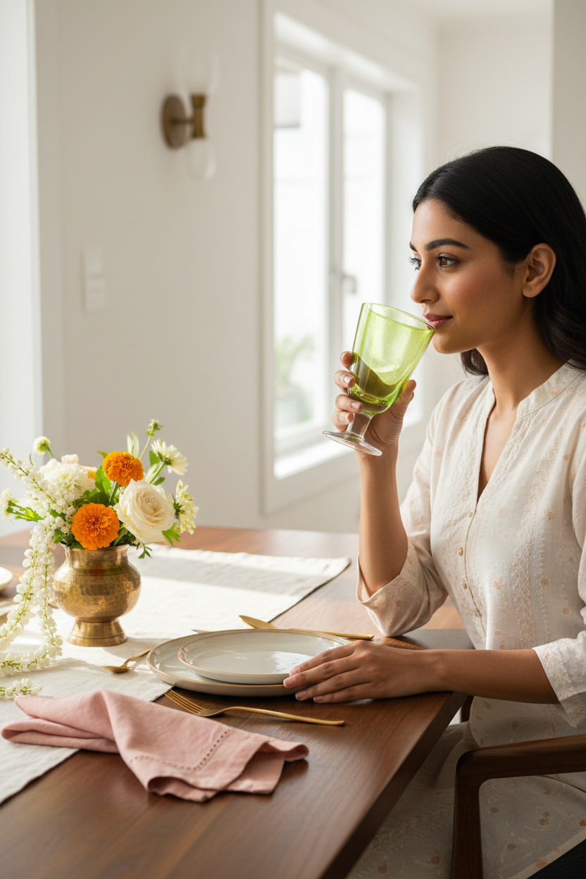 Indian woman holding Vidivi lime green stem goblet — lifestyle