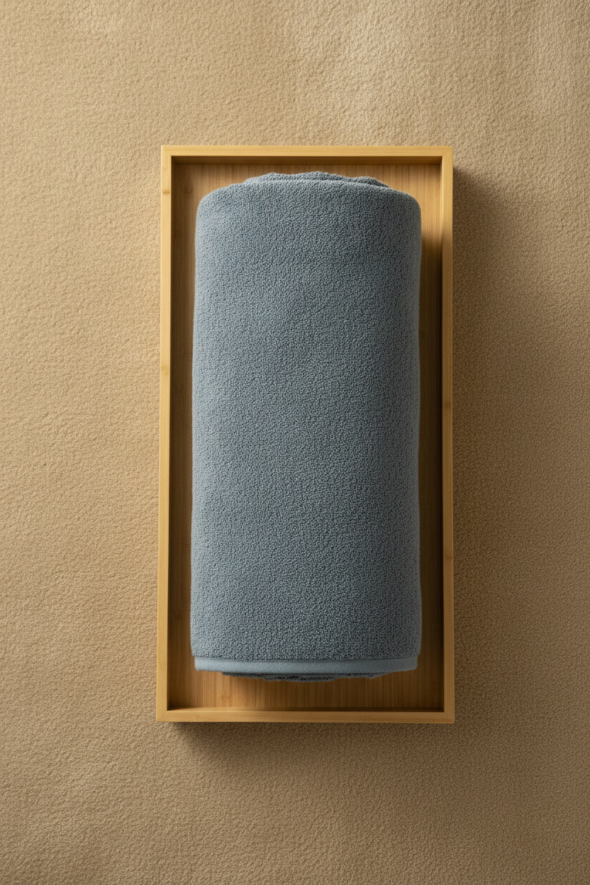 M&D Decor Heavy Grey Bath Towel rolled on wooden tray
