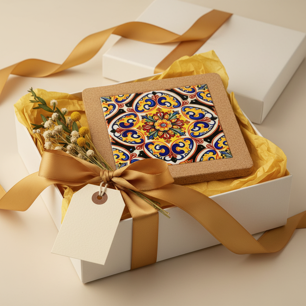 Turkish Hotpot Tile – Golden Baroque Scroll, gift styling shot