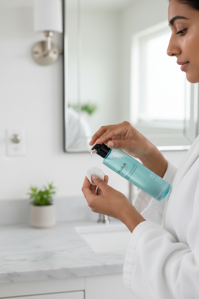 Indian woman applying AHAVA Toning Water with cotton pad bright bathroom