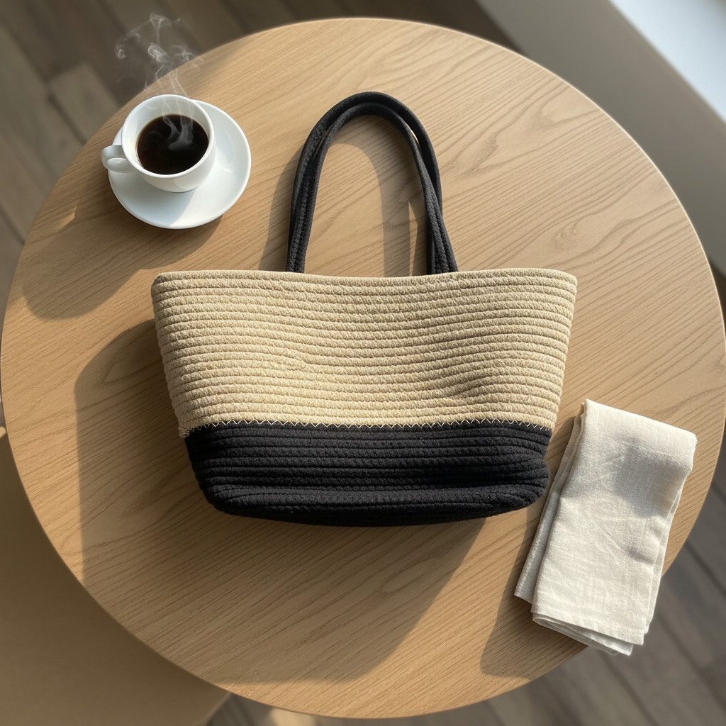 Beige and black woven tote bag on a cafe tabletop with coffee and a scarf
