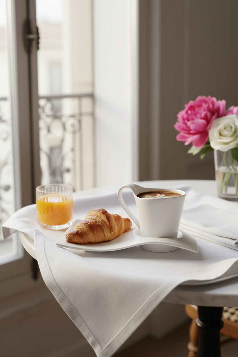 Luzerne 240ml coffee cup with integrated croissant tray on a marble breakfast table