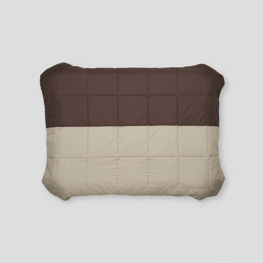 Rectangular deep brown and beige reversible duvet with straight edge and square quilting
