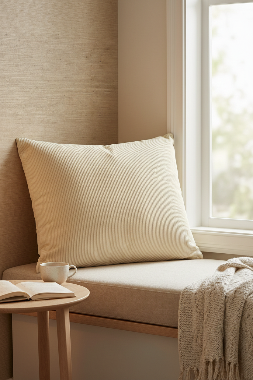 Beige striped premium hotel-style support pillow arranged on a contemporary bed