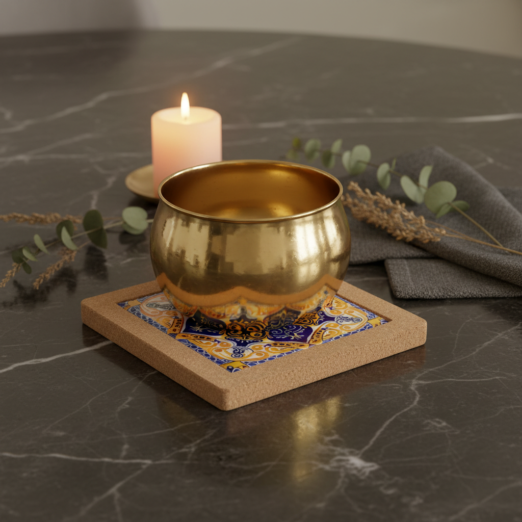 Turkish Hotpot Tile – Cobalt & Gold Geometric Star, lifestyle shot with brass pot on dark marble