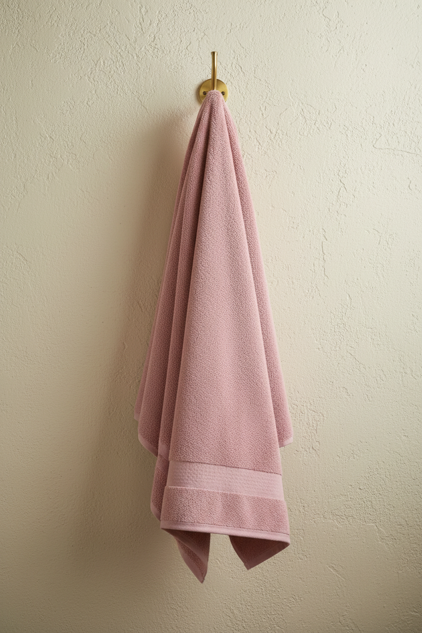 Pink Bath Towel hanging on brass hook