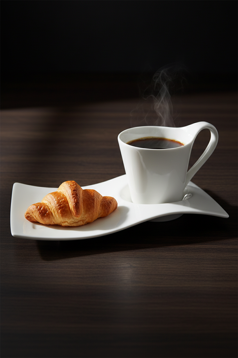 Luzerne 240ml coffee cup with integrated croissant tray on a marble breakfast table