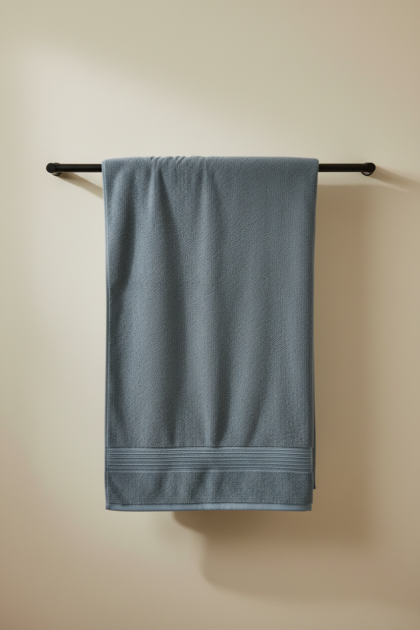 M&D Decor Heavy Grey Bath Towel draped on rail