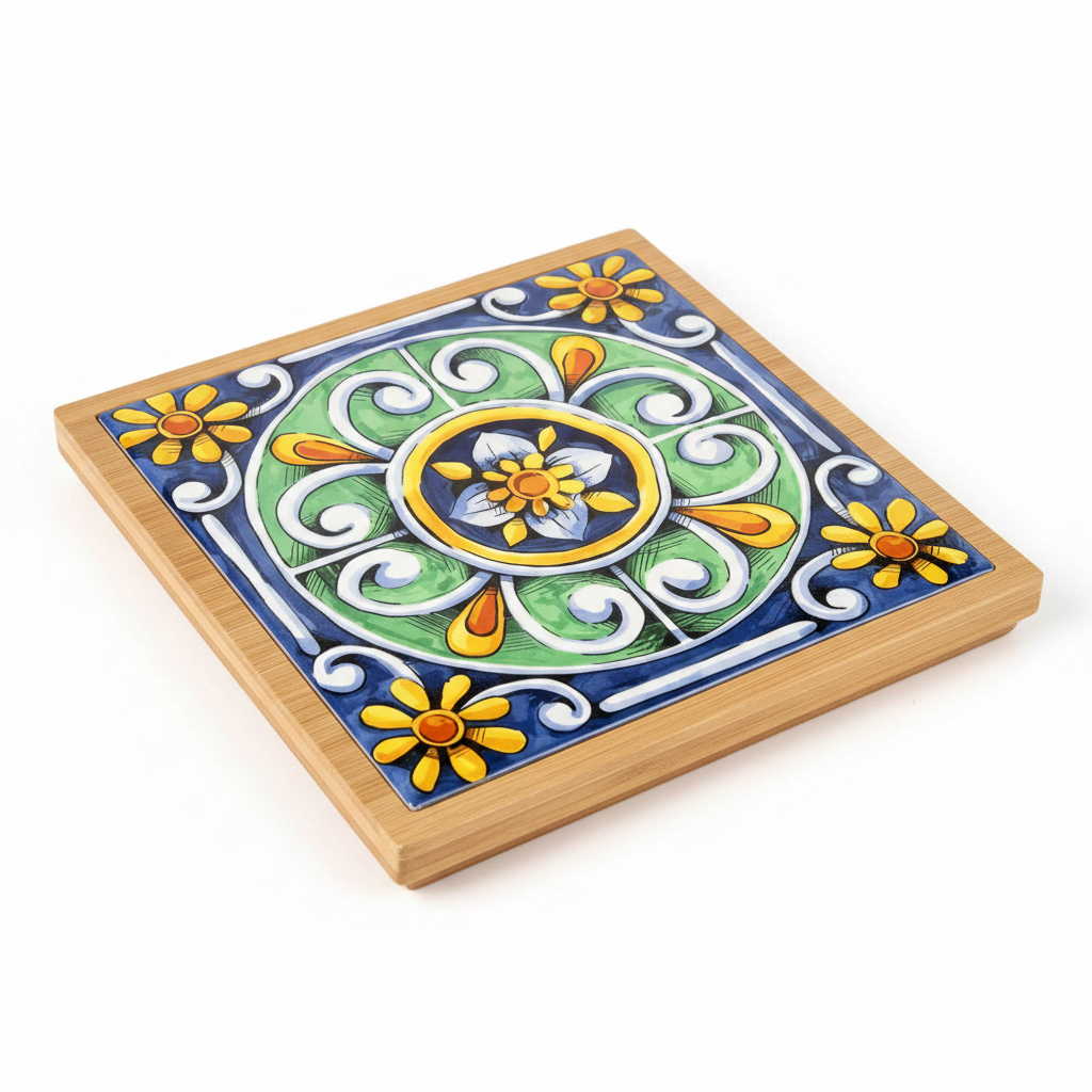 Turkish Hotpot Tile – Navy Daisy Wheel, 3/4 angle showing bamboo frame depth
