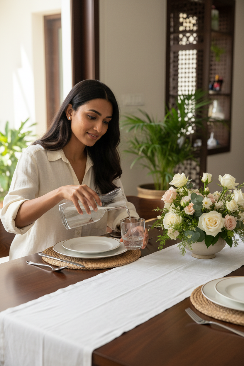 Indian woman pouring from glass carafe — lifestyle