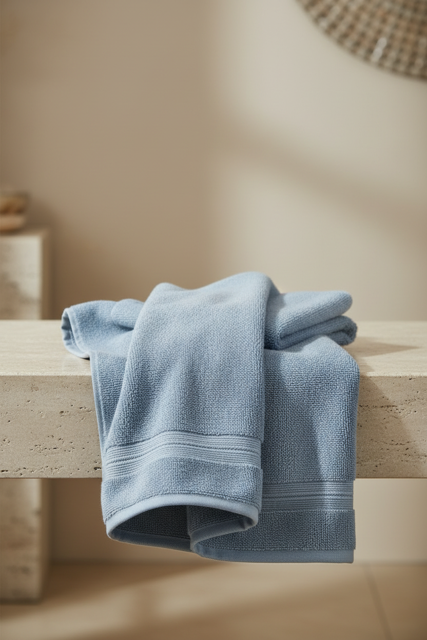 Light blue cotton bath towel styled in a refined contemporary bathroom