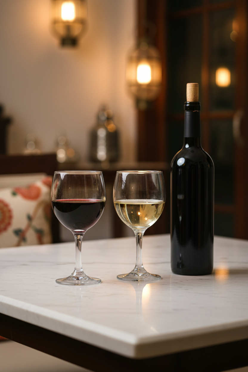 Classic stemmed goblets on marble dining table