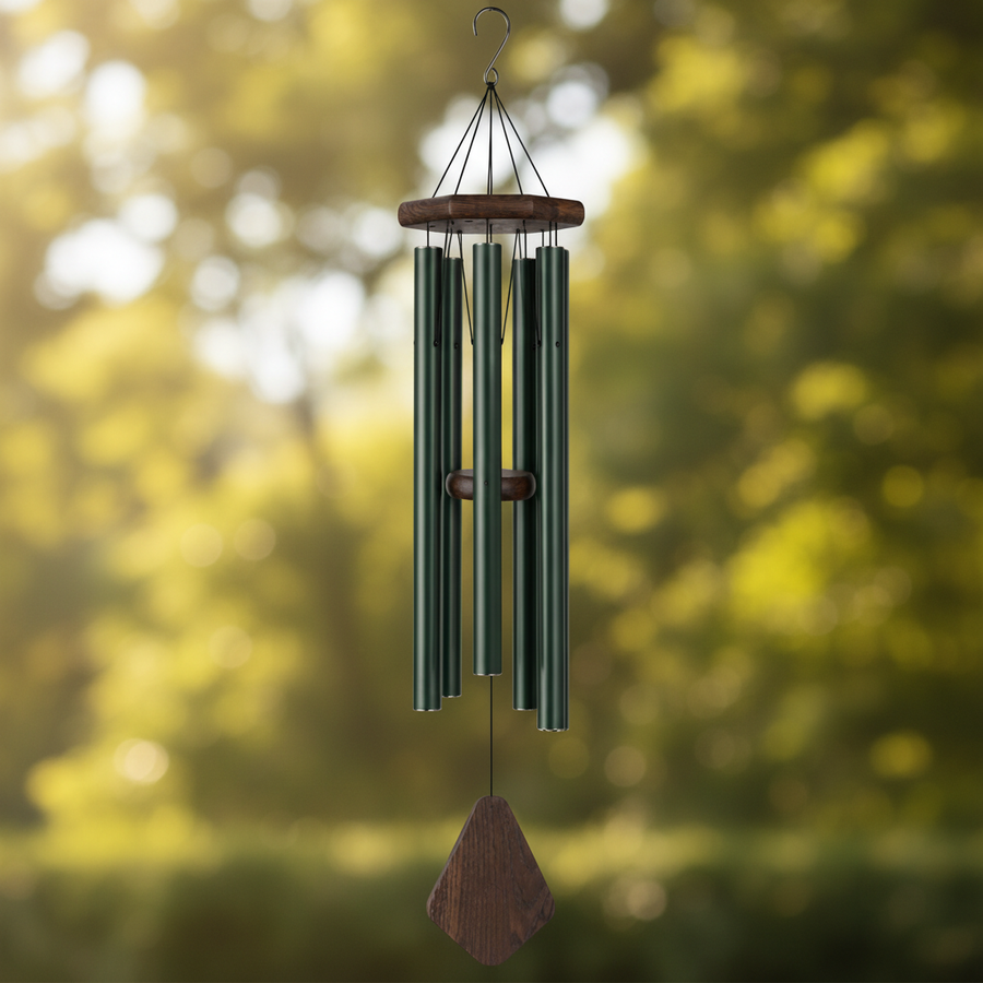 Forest-green anodised aluminium wind chime — premium outdoor decor by Griha Sajja