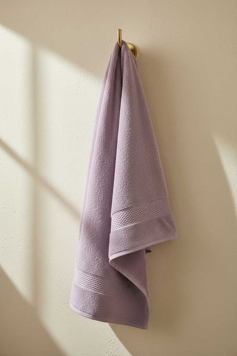 Purple Bath Towel hanging on brass hook