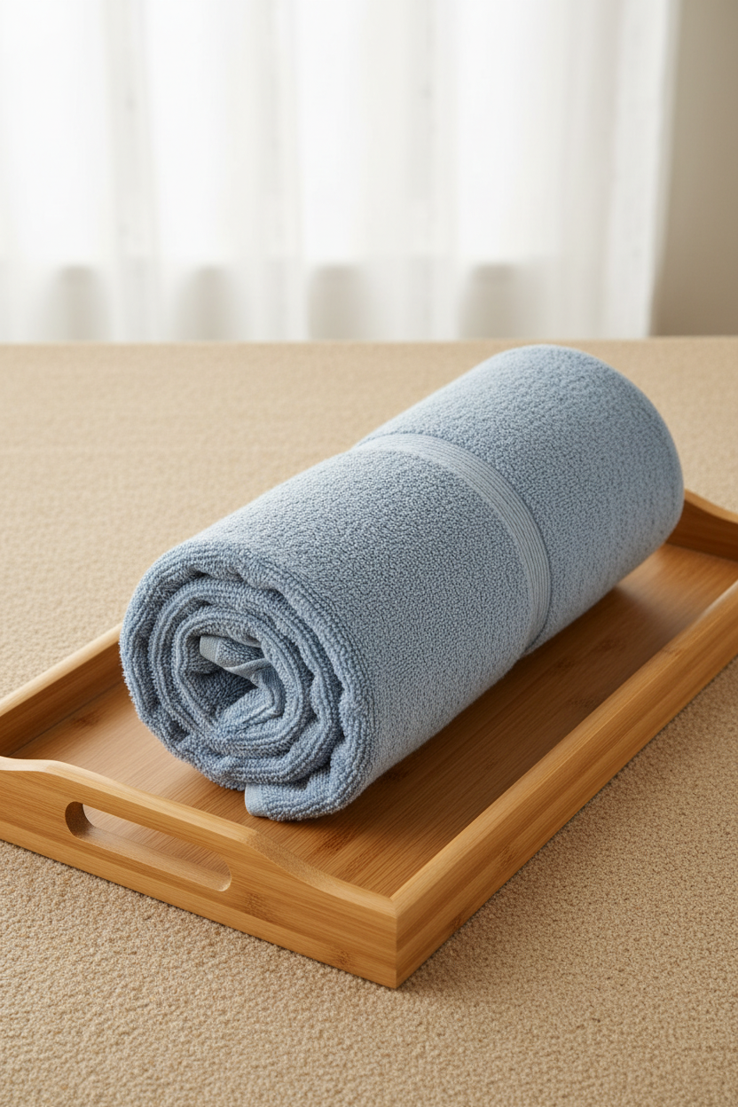 Light Blue Cotton Bath Towel rolled on wooden tray