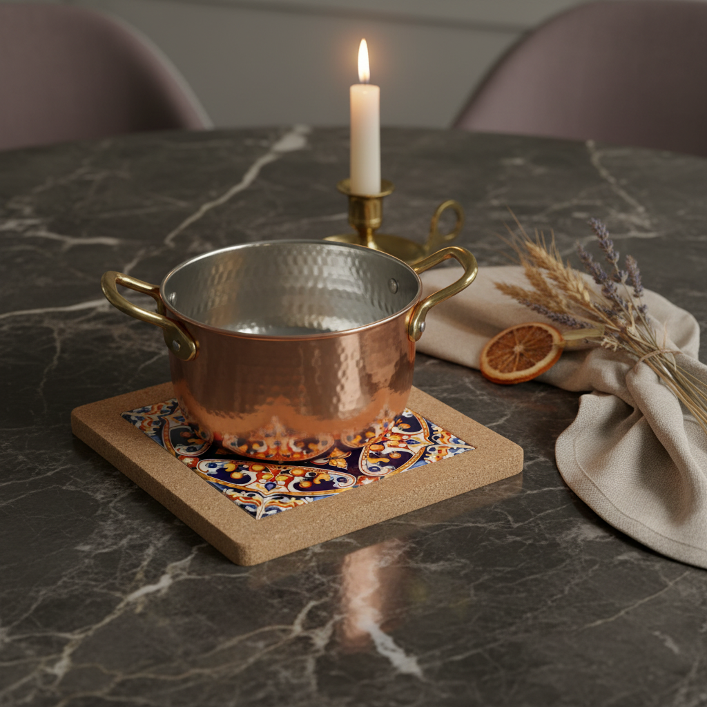 Turkish Hotpot Tile – Navy Baroque Medallion, lifestyle shot with gold pot on dark marble