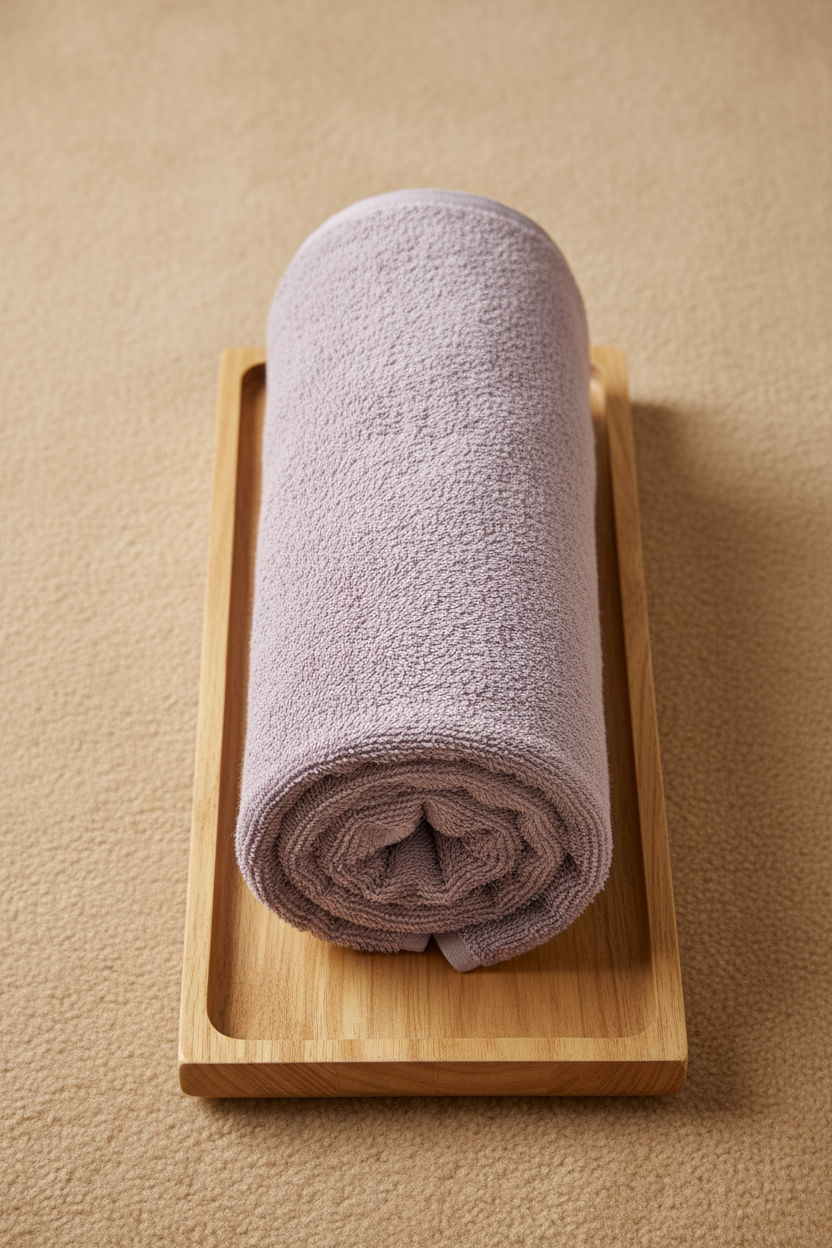 Purple Bath Towel rolled on wooden tray