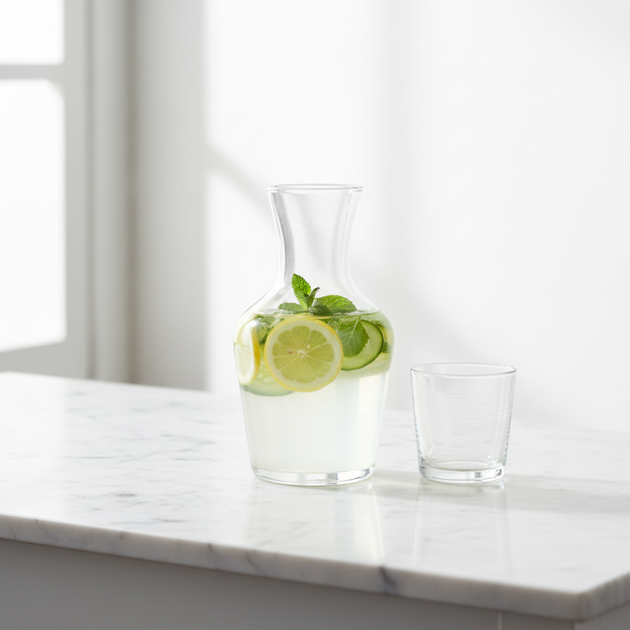 Glass carafe on marble surface — mobile