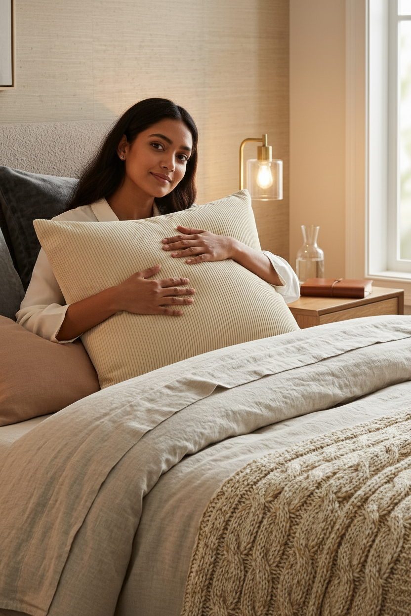Beige striped premium hotel-style support pillow arranged on a contemporary bed