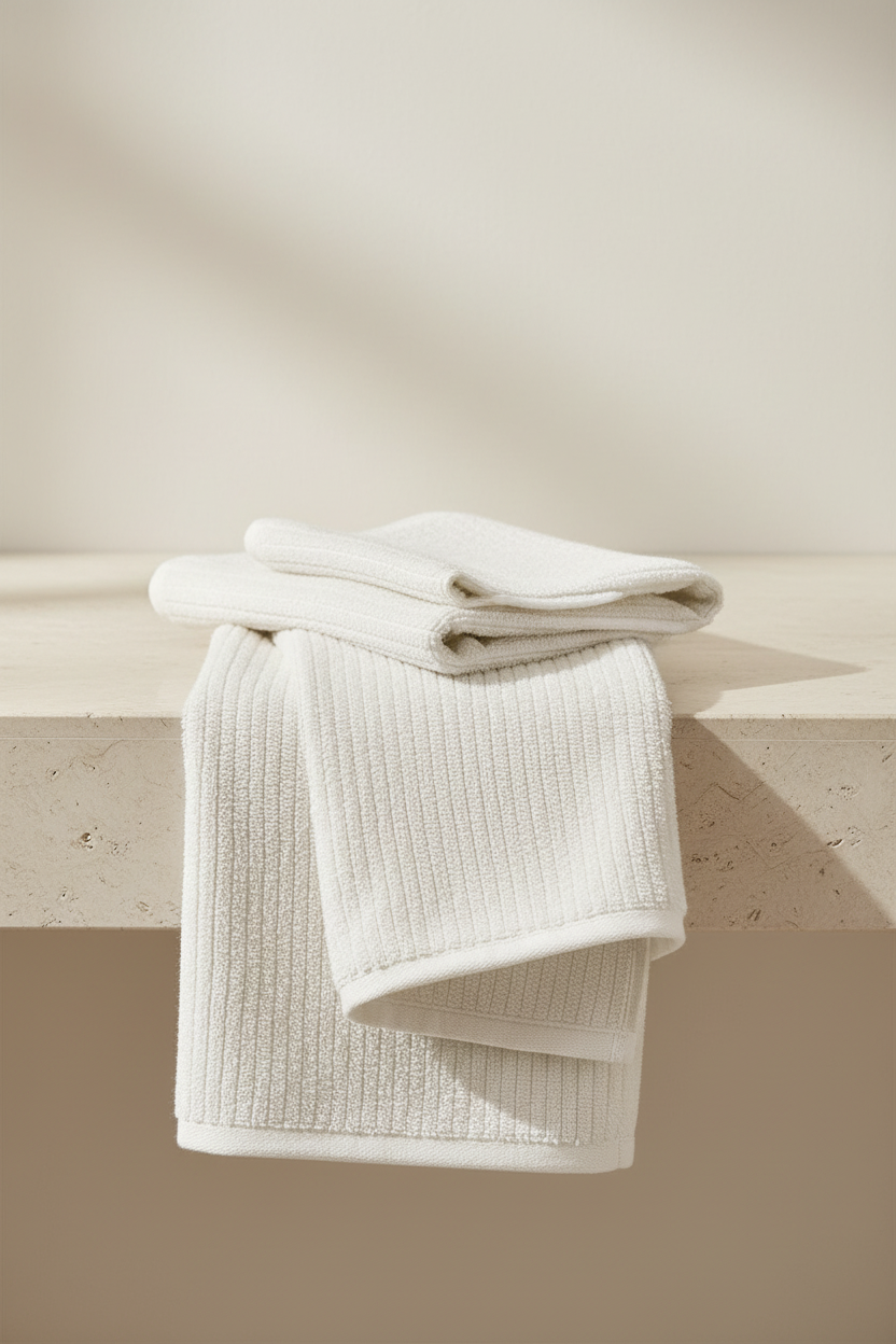 White ribbed bath towel styled in a bright contemporary bathroom