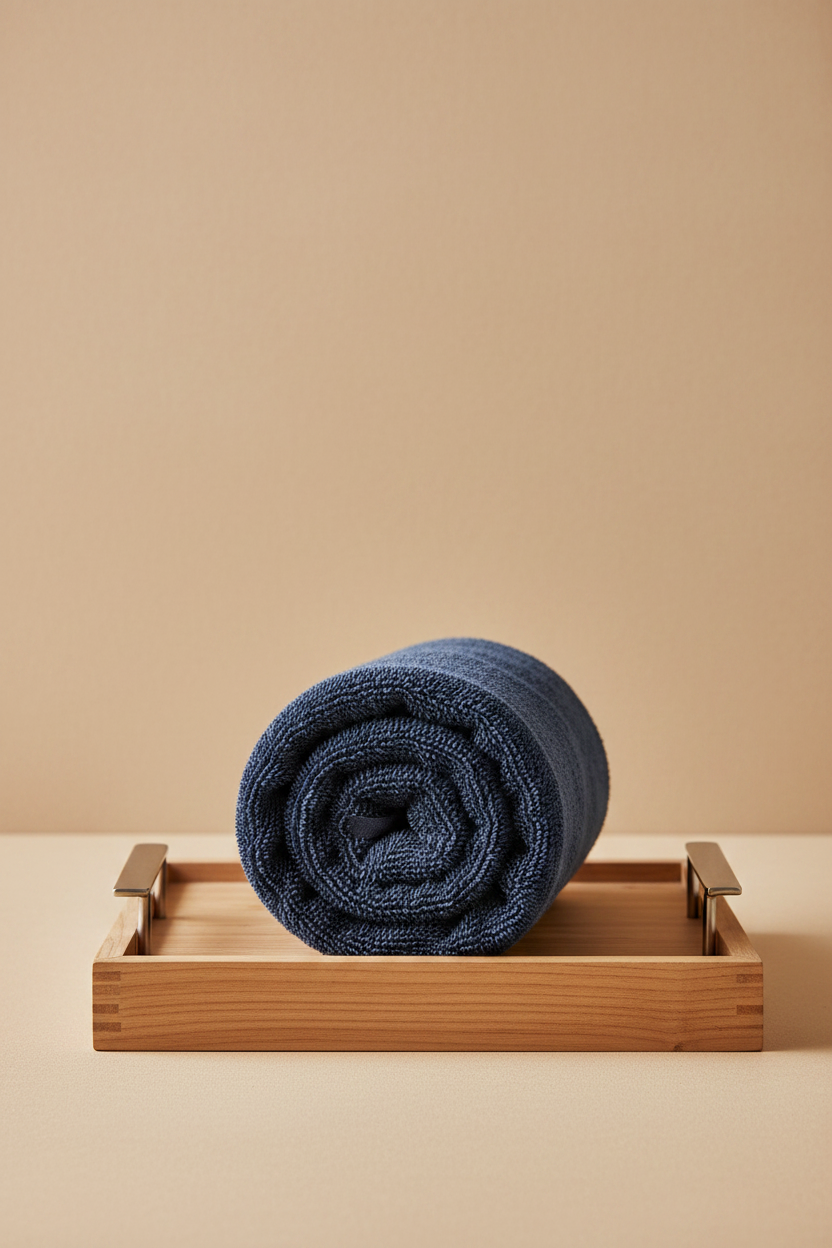 Blue Bath Towel rolled on wooden tray