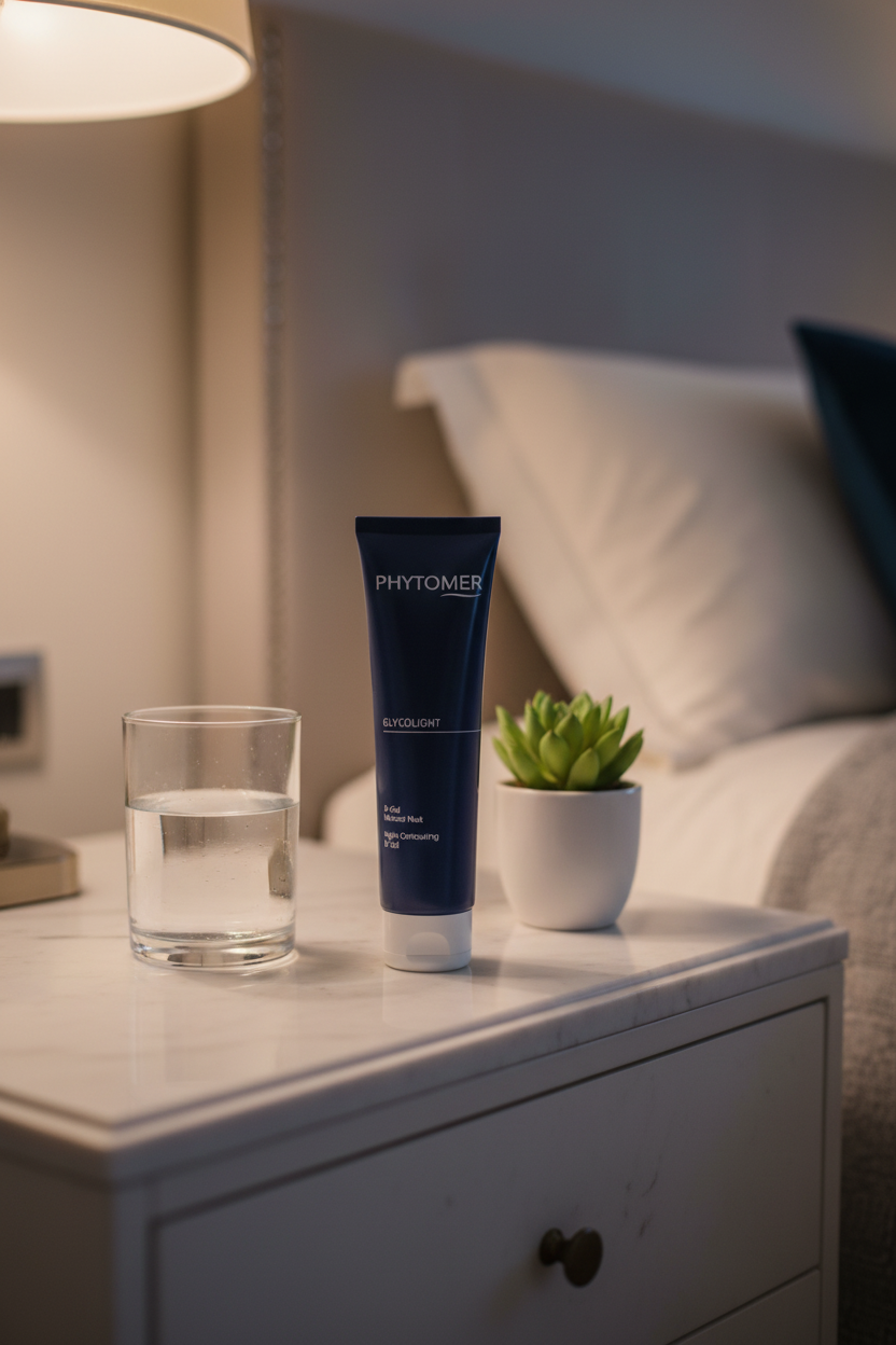 PHYTOMER Glycolight Bi-Gel on marble nightstand luxury bedroom