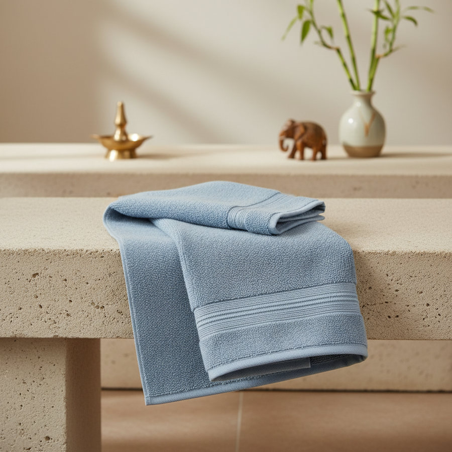 Light blue cotton bath towel folded on a bright bathroom bench