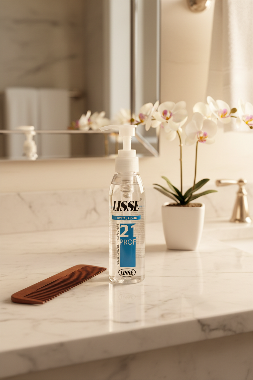 LISSE hair serum on marble vanity with comb and orchid luxury bathroom