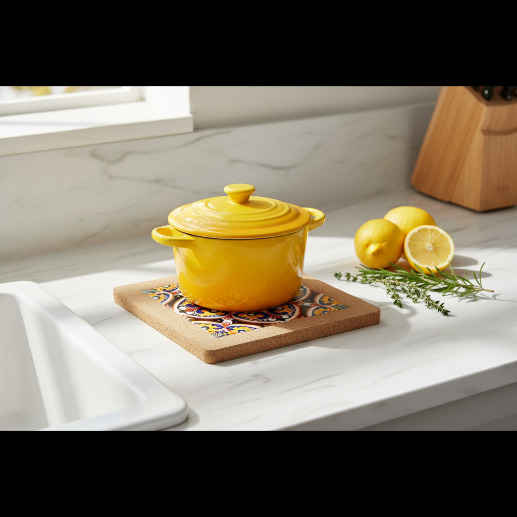 Turkish Hotpot Tile – Golden Baroque Scroll, lifestyle shot with yellow pot on marble