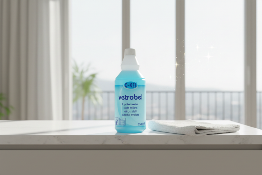 O-KEI Vetrobel Glass Cleaner 750ml on a clean windowsill with microfibre cloth