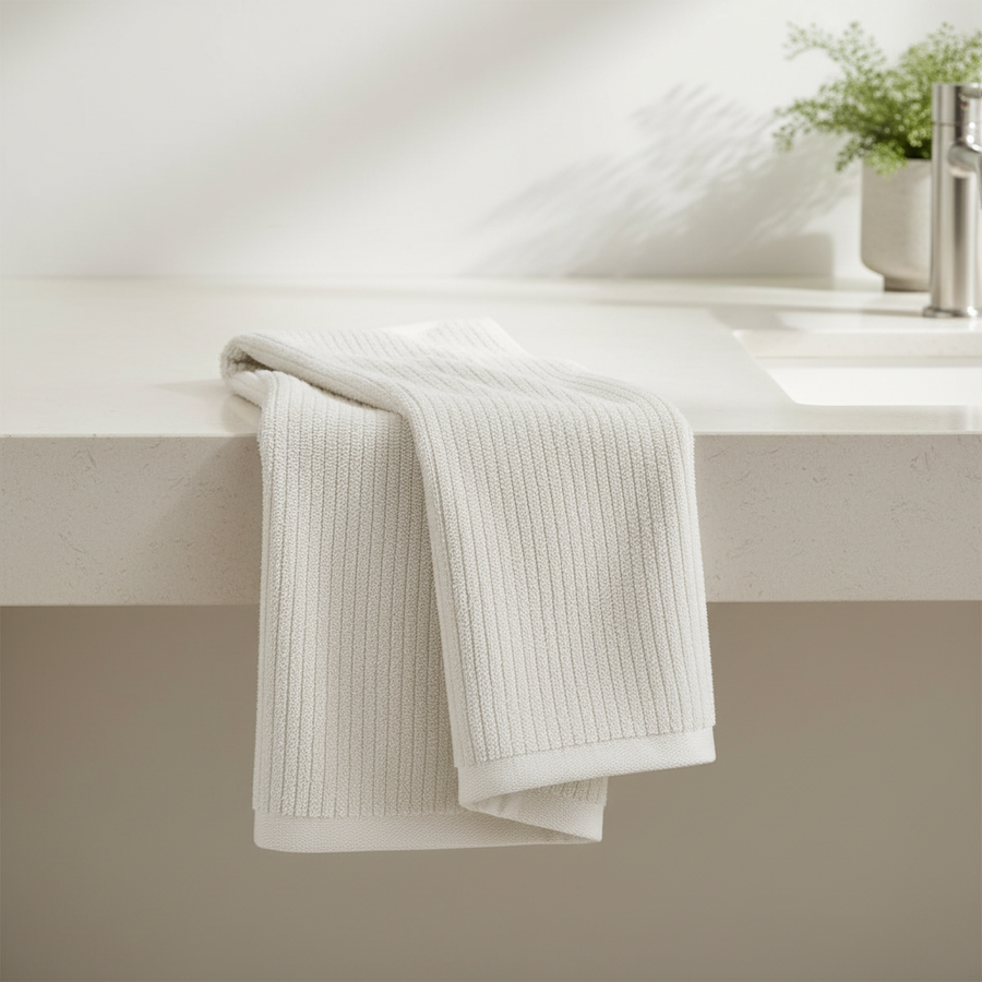 White ribbed bath towel folded on a pale stone bathroom bench