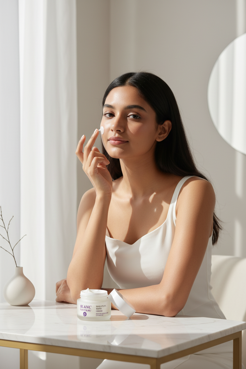 Indian woman applying Blanc Nouveau Snailpearl White Cream brightening skincare