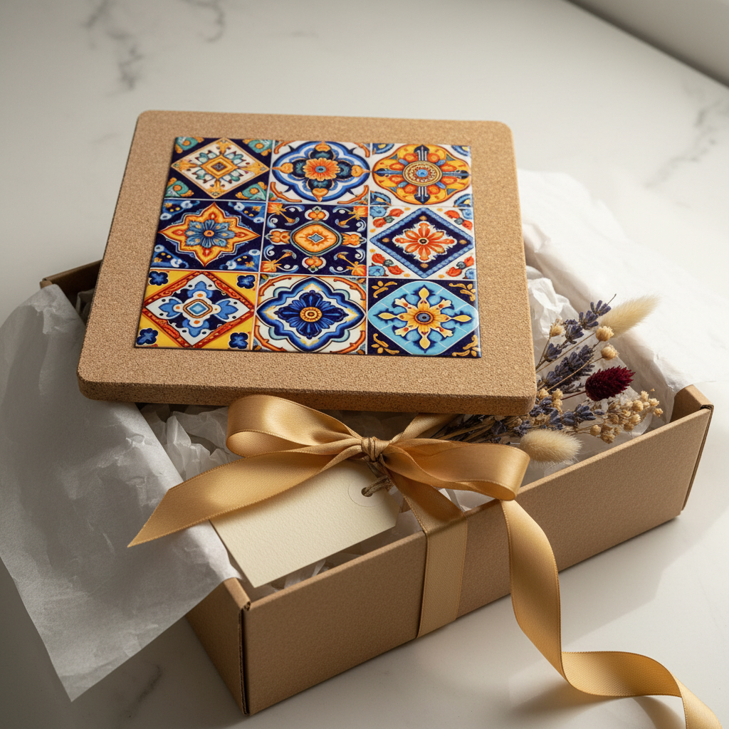 Turkish Hotpot Tile – Baroque Sunburst, gift styling shot with box and ribbon