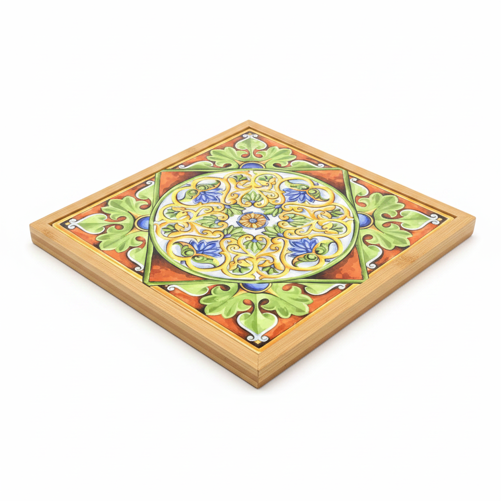 Turkish Hotpot Tile – Terracotta Acanthus Wreath, 3/4 angle showing bamboo frame depth