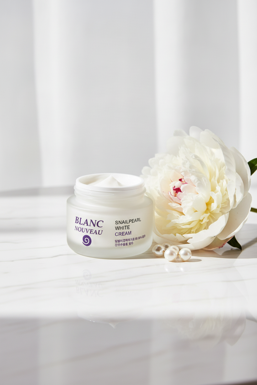 Blanc Nouveau Snailpearl White Cream on marble with white peony premium skincare