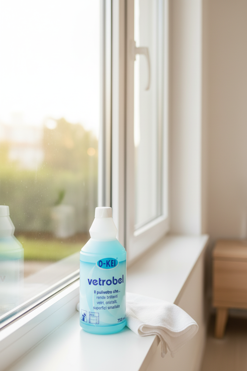 O-KEI Vetrobel Glass Cleaner 750ml on a clean windowsill beside a white microfibre cloth
