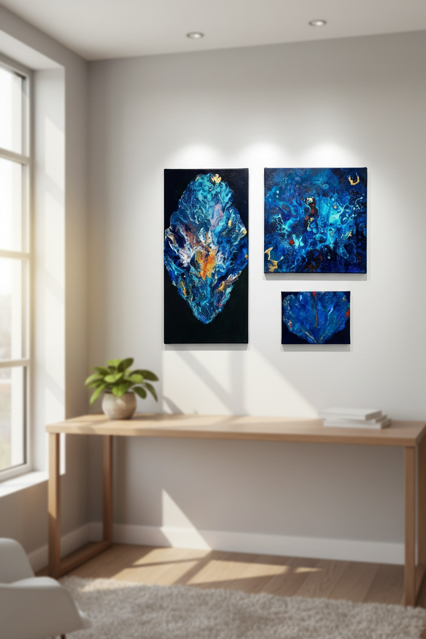 Set of 3 handmade abstract acrylic paintings in deep blue and gold by Abha Kochar, mounted on a living room wall