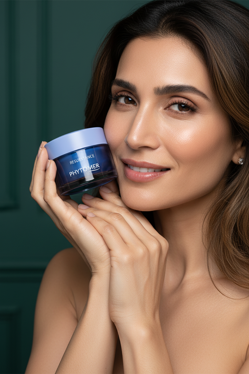 North Indian woman holding Phytomer RESUBSTANCE Skin Resilience Rich Cream