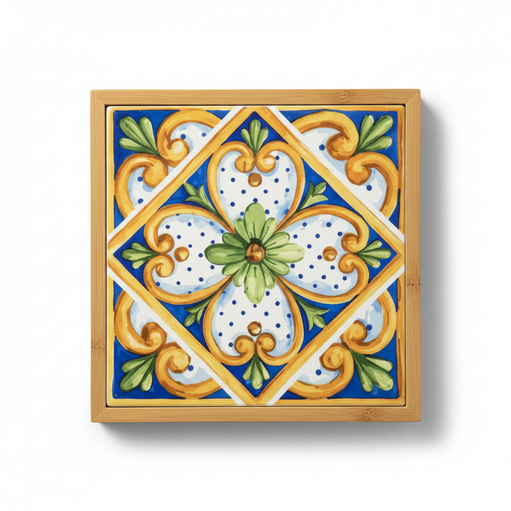 Turkish Hotpot Tile – Cobalt Quatrefoil & Gold Lattice, flat lay hero, white background