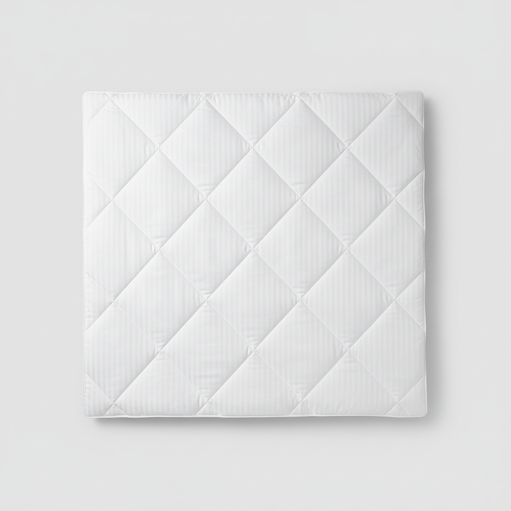 Flat white hotel-style stripe duvet showing subtle stripe pattern and quilting