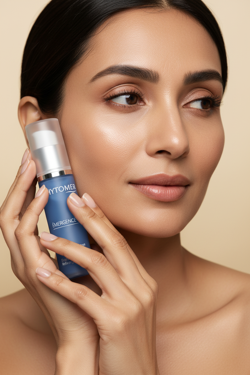 North Indian woman holding Phytomer ÉMERGENCE AHA Serum