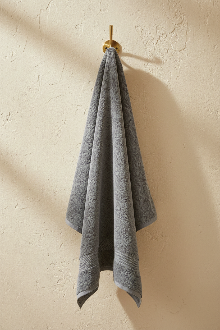 Grey Bath Towel hanging on brass hook