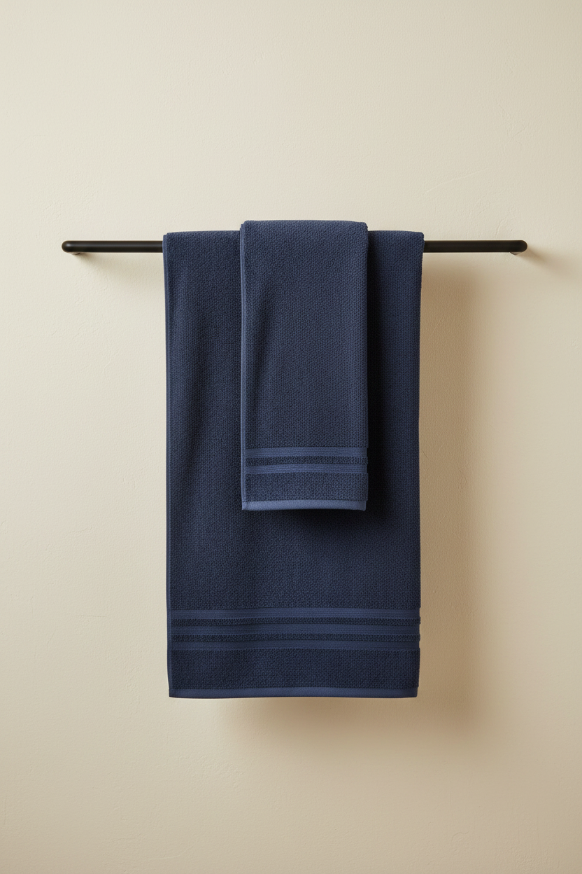 Blue Bath Towel draped on rail