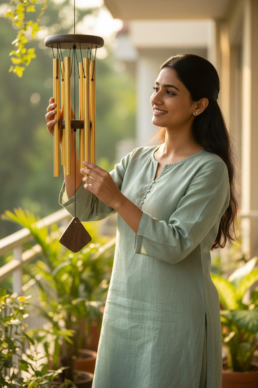 Nature's Melody premium aluminium wind chimes in gold, green and multicolour — home decor by Griha Sajja