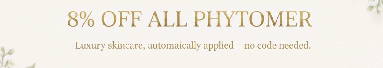Promotional banner for Phytomer with floral elements and discount text on a light background
