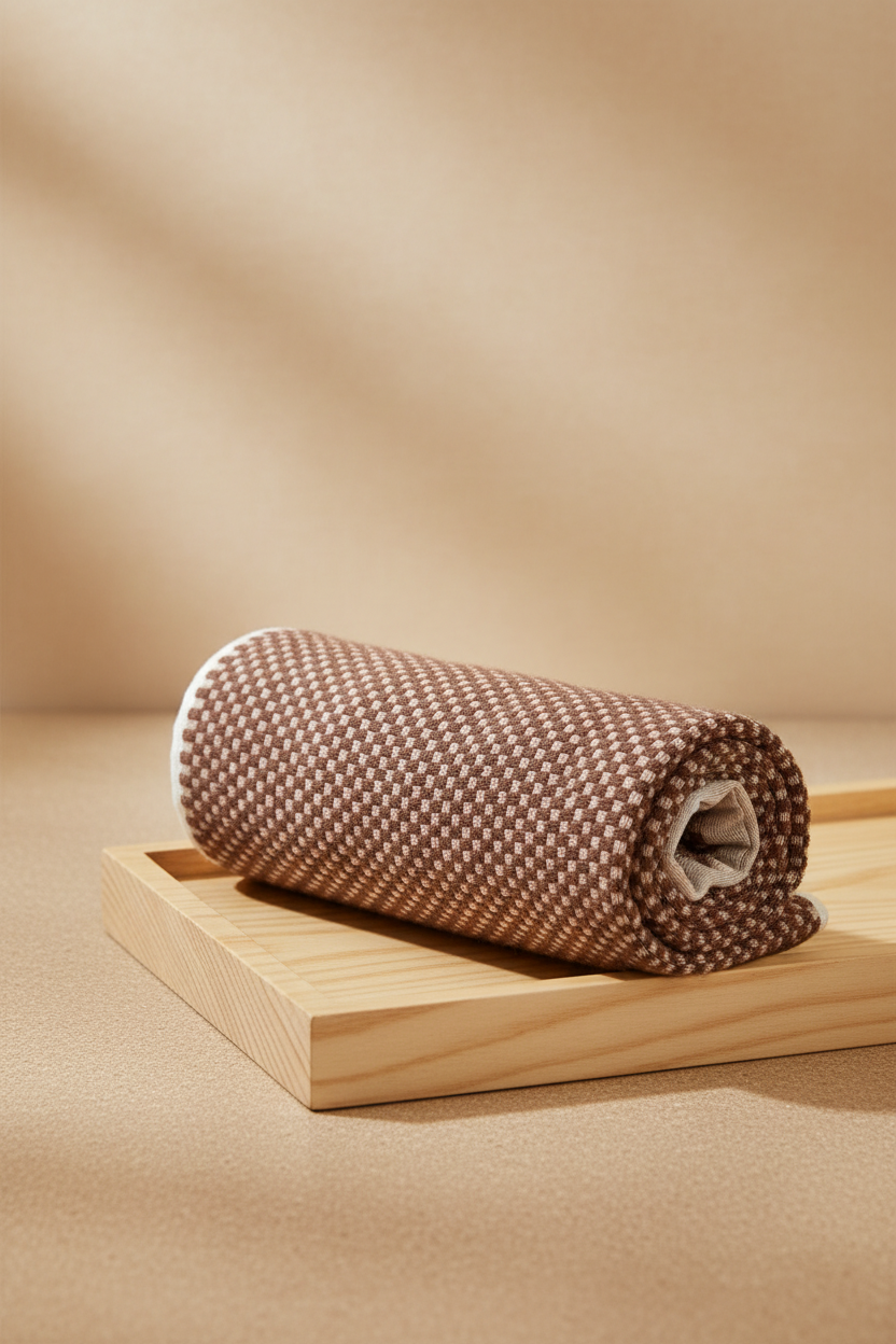 Brown Check Bath Towel rolled on wooden tray