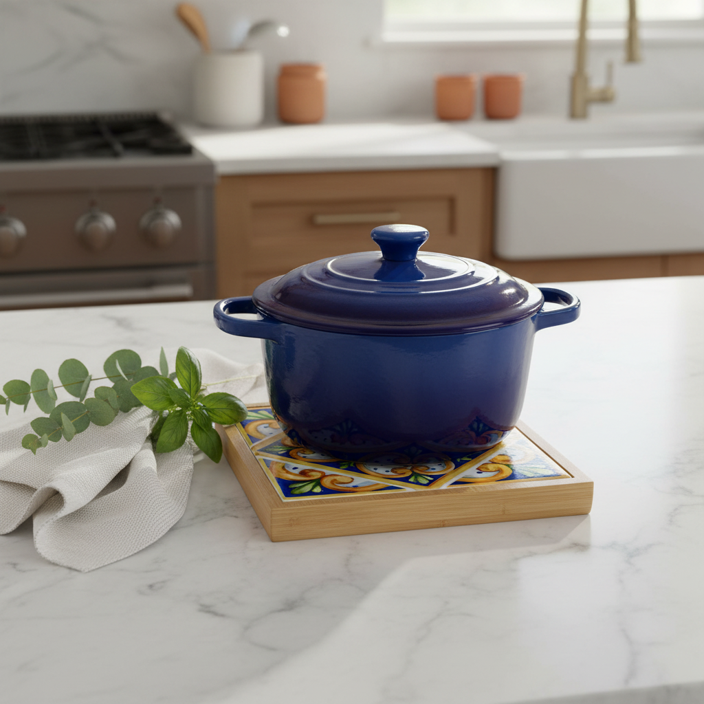 Turkish Hotpot Tile – Cobalt Quatrefoil & Gold Lattice, lifestyle shot with blue pot on marble